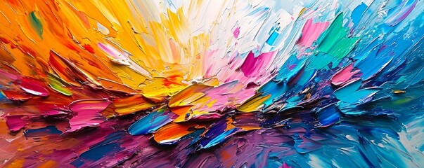 Closeup of abstract rough colorful bold rainbow colors explosion painting texture, with oil brushstroke, pallet knife paint on canvas - Art background, Generative AI
