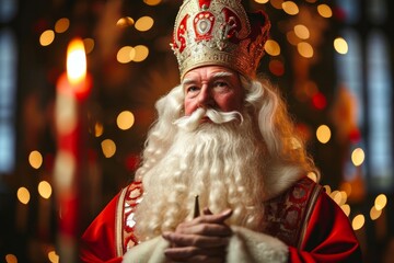 Saint Nicholas or Sinterklaas portrait. Christmas season. Dutch and Belgian Christmas holiday traditions, Generative AI  - obrazy, fototapety, plakaty