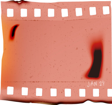 Distorted old grunge filmstrip with burned texture. Blank 35mm negative film with grainy, developing smear marks, scratch for collage. Vector illustration.	