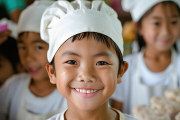 A group of adorable young chefs, their faces beaming with joy and infectious smiles