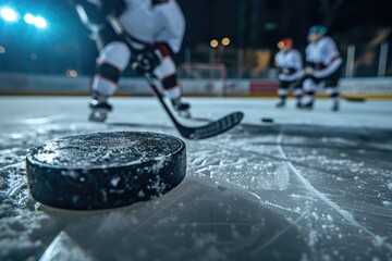 Fototapeta premium Close up of hockey puck and stick during a match with players in the background. 