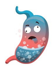 Stomach troubles icon. Sad suffering sick human stomach. flat cartoon illustration design. Unhealthy stomach face character. Digestive tract with stomach ache