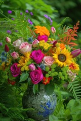 color photo of a vibrant bouquet of flowers, showcasing a variety of colors and textures.