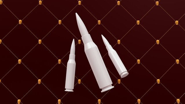 3d rendering picture of glossy bullets on dark background with skulls pattern. Abstract wallpaper. Dynamic wallpaper. Modern cover design. 3D illustration.