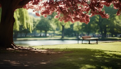 bench in the park. tree in the park. spring time in park with blooming cherry tree and sunshine....
