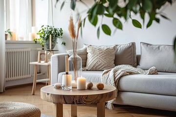 Modern boho interior of living room in cozy apartment. Simple cozy living room interior with light gray sofa, decorative pillows, wooden table with candles and natural, Generative AI 