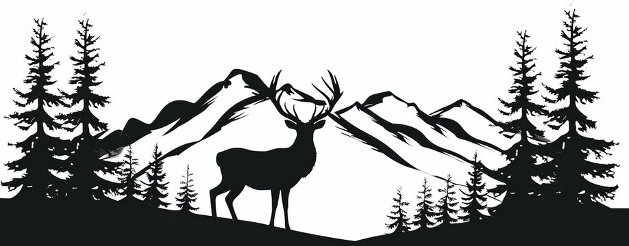 Black silhouette of deer mountains and forest fir trees camping landscape panorama illustration icon  for logo, isolated on white background, Generative AI