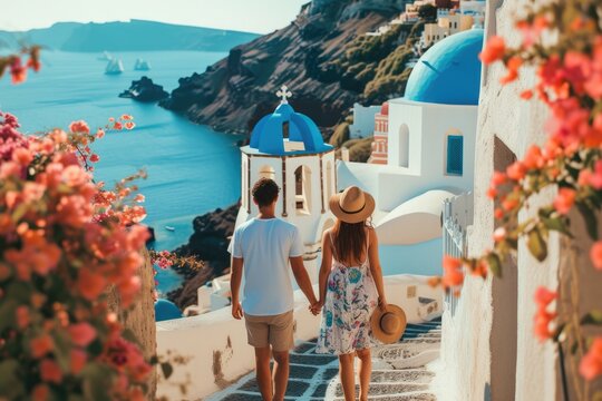 Happy young couple in village Oia on Santorini island, Greece.