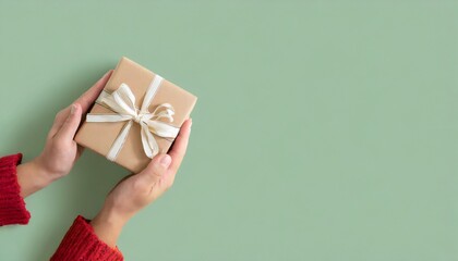 female hands holding christmas gift box on pastel green background banner in natural colors