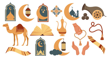 Set of icons of the Arabic Islamic holiday Ramadan. Set of icons of Islamic holiday, culture. Moon, camel, cannon, mosque, rosary, prayer book, lamp. Vector. © Tatiana