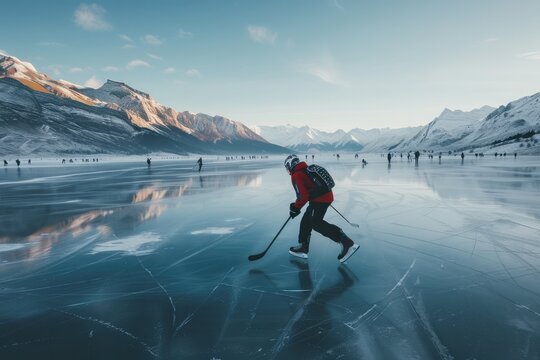 Hockey player turns fast on frozen mountain pond 