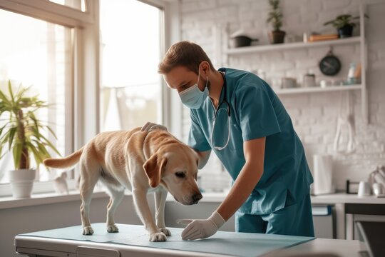 Late 20s Caucasian doctor in scrubs and protective face mask stretching front leg of dog standing on exam table to check range of mobility. 