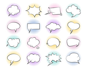 Obraz premium Set of comic speech bubbles. Retro empty comic bubbles with black halftone shadows. Vintage design, pop art style. Vector