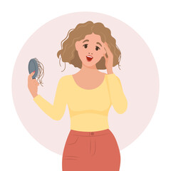 Woman with a comb in her hand. Hair loss, alopecia, hair problems, baldness. Illustration, vector