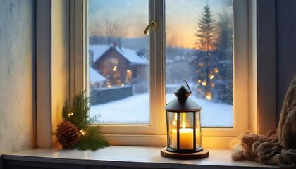 candlestick with lighted candles on the windowsill winter outside the window christmas atmosphere