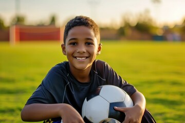 Portrait of a young amputee soccer player holding a soccer ball on soccer field