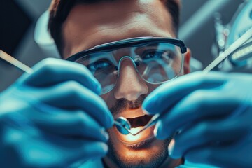 POV shot of male dentist with dental tools in hand. Dentist at work with surgical gloves and tools in hand.