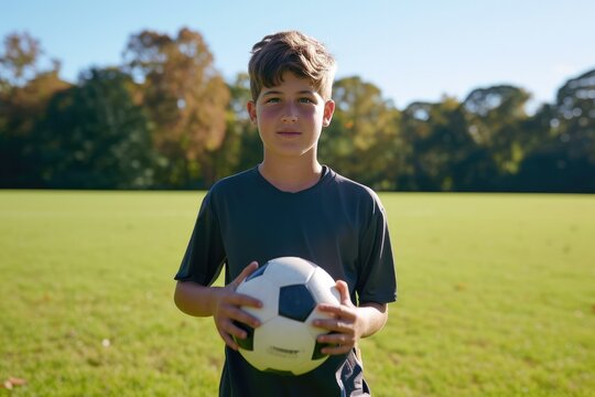Portrait of a young amputee soccer player holding a soccer ball on soccer field 