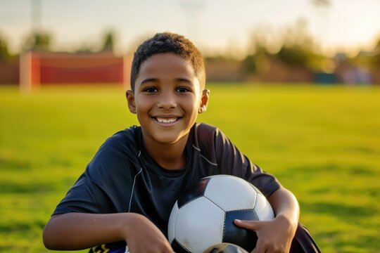 Portrait of a young amputee soccer player holding a soccer ball on soccer field 