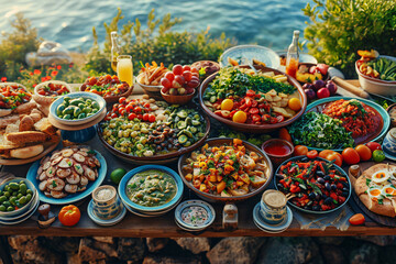 Abundant Mediterranean feast on a table overlooking the sea - obrazy, fototapety, plakaty