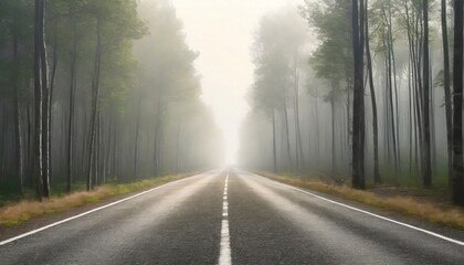 empty forest road on a foggy morning with copy space