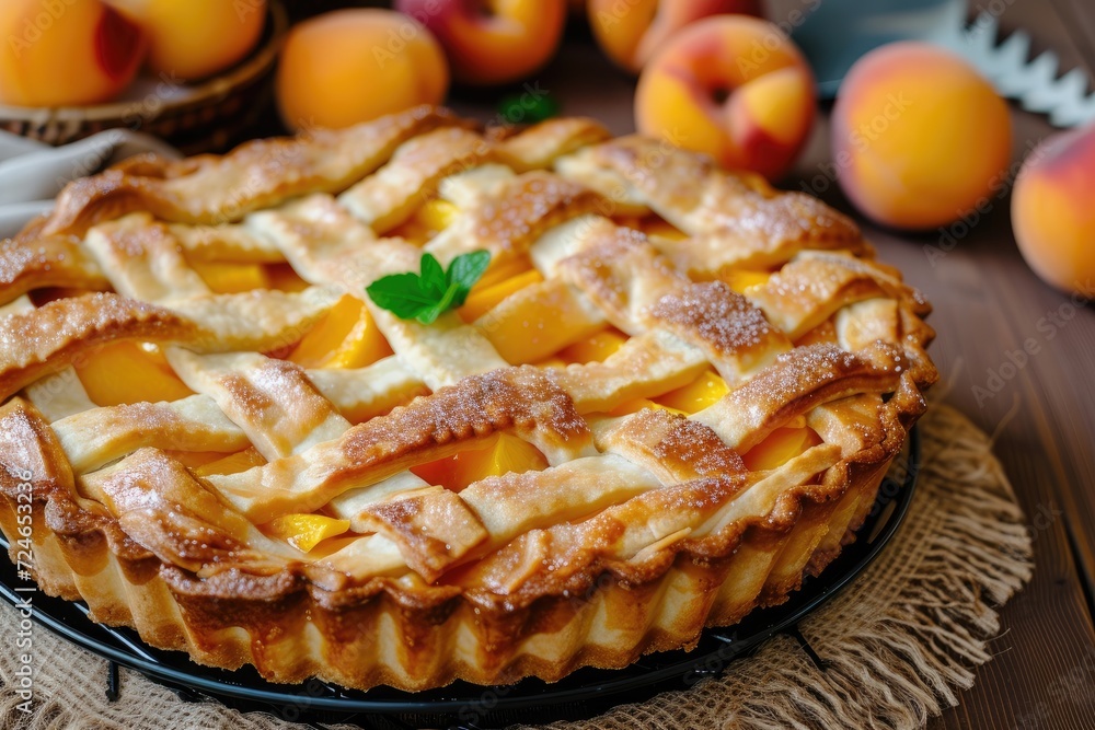 Sticker Close up photo of homemade peach pie for promoting confectionery goods