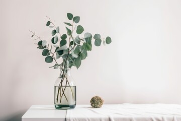 Minimalist still life with a white wall, a white table, and a green eucalyptus branch