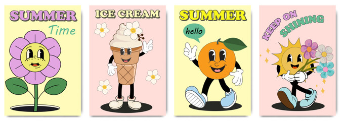 Set of summer greeting cards, posters or backgrounds in funky groovy style. Cartoon summer  60s, 70s vector illustrations with Ice cream, Orange, Daisy, The sun character.  Retro hippie design