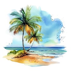 Fototapeta na wymiar Holiday summer travel vacation illustration - Watercolor painting of palms, palm tree on teh beach with ocean sea, design for logo or t shirt, isolated on white background, Generative AI