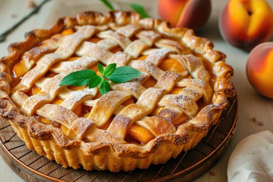 Close up photo of homemade peach pie for advertising confectionery