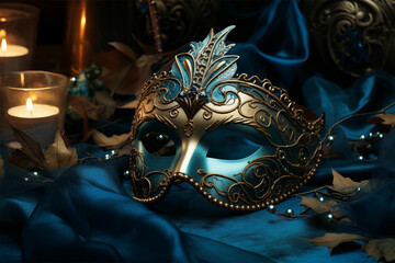 Capture mystique with a blue masquerade mask, bathed in enchanting light. Dark teal and light bronze hues evoke nostalgia and luxury, a perfect addition to intense close-ups