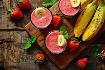 Close up view from above of sliced strawberry banana smoothie cups on a rustic wooden table