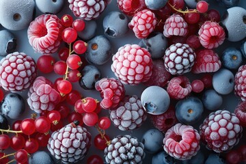 Close up view of assorted frozen berries including black currant red currant raspberry and blueberry - obrazy, fototapety, plakaty