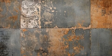 Old brown gray rusty vintage worn shabby patchwork motif tiles stone concrete cement wall texture background banner, Generative AI - obrazy, fototapety, plakaty