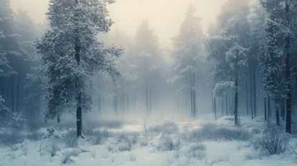 Dreamy winter forest in the fog. Atmospheric mood.