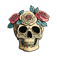 Minimal skull with roses and thorny vines vector design.
