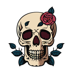 Minimal skull with roses and thorny vines vector design.