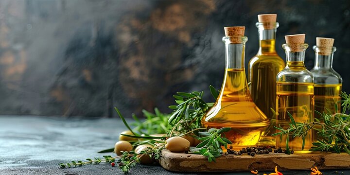 Golden olive oil and vinegar bottles with thyme and aromatic herbs leaves