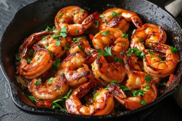 Spicy roasted shrimps in cast iron pan.