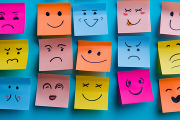 Testimonial rating concept with colorful sticky notes. various mood faces drew on sticky notes, cute abstract hand-drawn emoji drawings on page, Optimism and pessimism emotion concept wallpaper banner