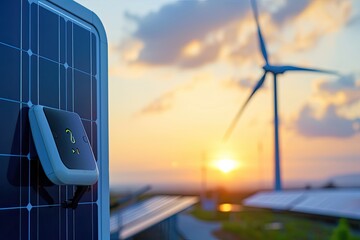 Using of charge station, solar panel and windmill background. Sustainability assessment, renewable energy concept.