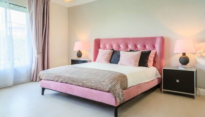cozy pink bedroom corner with baby pink velvet fabric bed decorated by blanket pillows and pink floor lamp with two tone beige painted wall on the background interior bedroom furniture concept