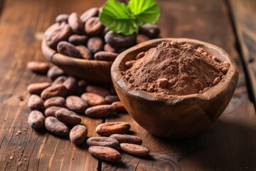 Cocoa beans and powder on wooden backdrop - obrazy, fototapety, plakaty