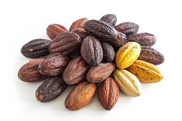 Cocoa beans on white backgrounds with shallow depth