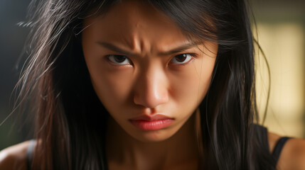 Fototapeta premium Portrait of angry asian woman. Furious young woman, closeup. 