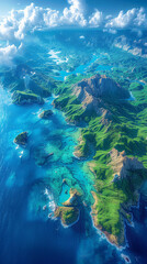 Aerial view of a stunning landscape with green mountains, blue waters, and scattered clouds.