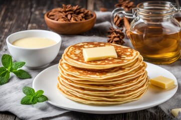 stack of very thin pancakes. traditional for Russian pancake week. Shrove tide