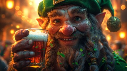 Merry Leprechaun with Beer at Festive Party