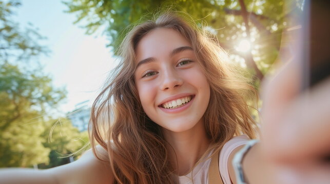 Cute, positive teenager holding a camera, looking straight. Beautiful girl sincerely smiling on the background of the park