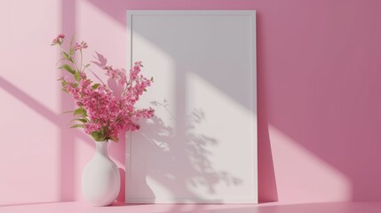 Blank white frame on table against the pink wall with copy space